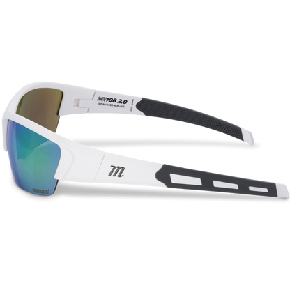 The Marucci MV108 2.0 Performance Sunglasses (MSNV1082) feature white and black frames, reflective blue-green Carl Zeiss lenses, a Marucci logo on the side, and arm accents, displayed on a plain white background.