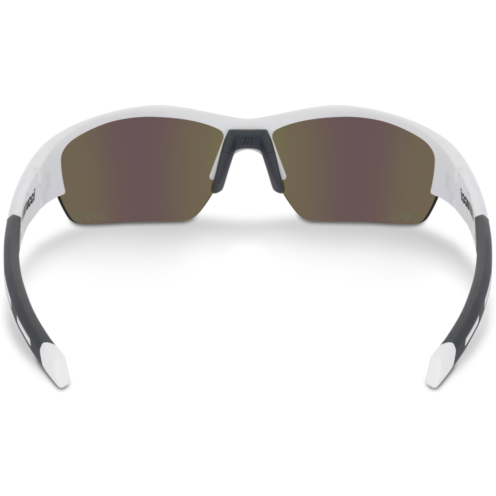 The Marucci MV108 2.0 Performance Sunglasses (MSNV1082) feature a white frame, black-tinted lenses, and black detailing on the arms, shown from the front against a plain background.