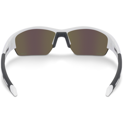 The Marucci MV108 2.0 Performance Sunglasses (MSNV1082) feature a white frame, black-tinted lenses, and black detailing on the arms, shown from the front against a plain background.
