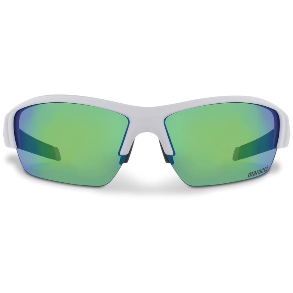 The Marucci MV108 2.0 Performance Sunglasses: MSNV1082 feature a white frame and green mirrored lenses, viewed from the front, with the Marucci logo on the lower right lens—delivering style and performance for athletes.