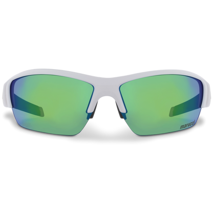 The Marucci MV108 2.0 Performance Sunglasses: MSNV1082 feature a white frame and green mirrored lenses, viewed from the front, with the Marucci logo on the lower right lens—delivering style and performance for athletes.