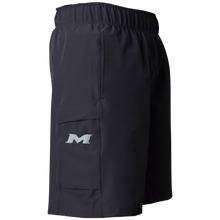 Side view of Miken Men's Slowpitch Shorts (MSPSM20) in black, featuring breathable poly-spandex, elastic waistband, and a side pocket with a white embroidered Miken 'M' logo.