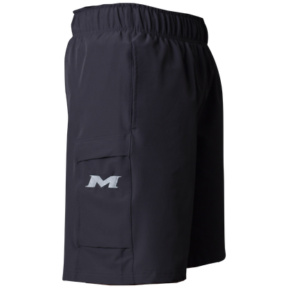 Side view of Miken Men's Slowpitch Shorts (MSPSM20) in black, featuring breathable poly-spandex, elastic waistband, and a side pocket with a white embroidered Miken 'M' logo.