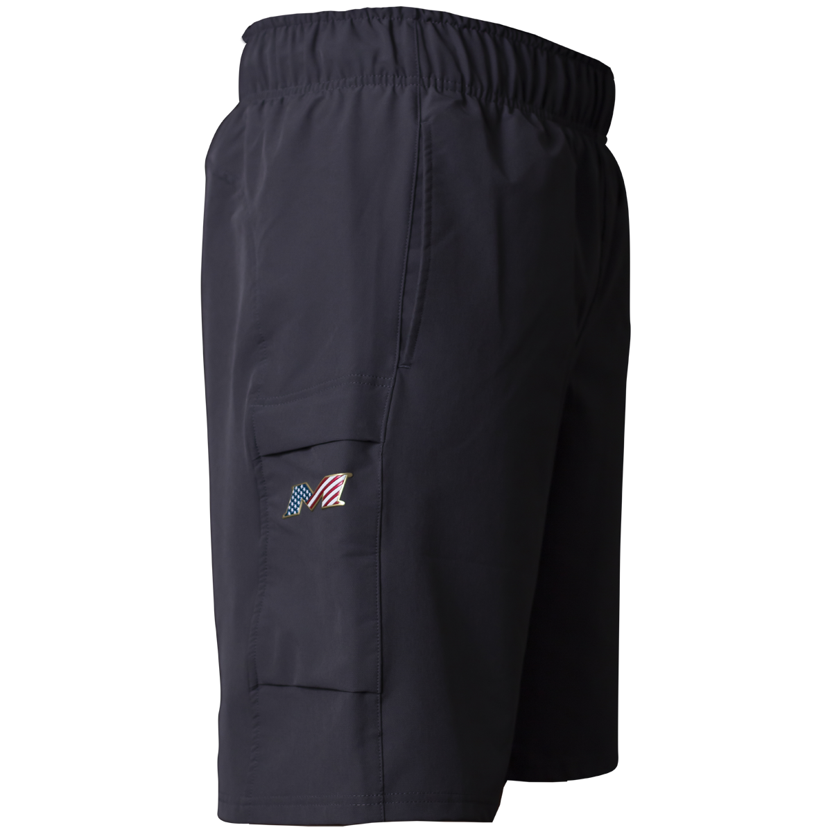 Miken Men's Slowpitch Shorts: MSPSM20 by Miken are navy blue poly-spandex athletic shorts with an elastic waistband and a side cargo pocket featuring a small embroidered American flag and stylized M logo.