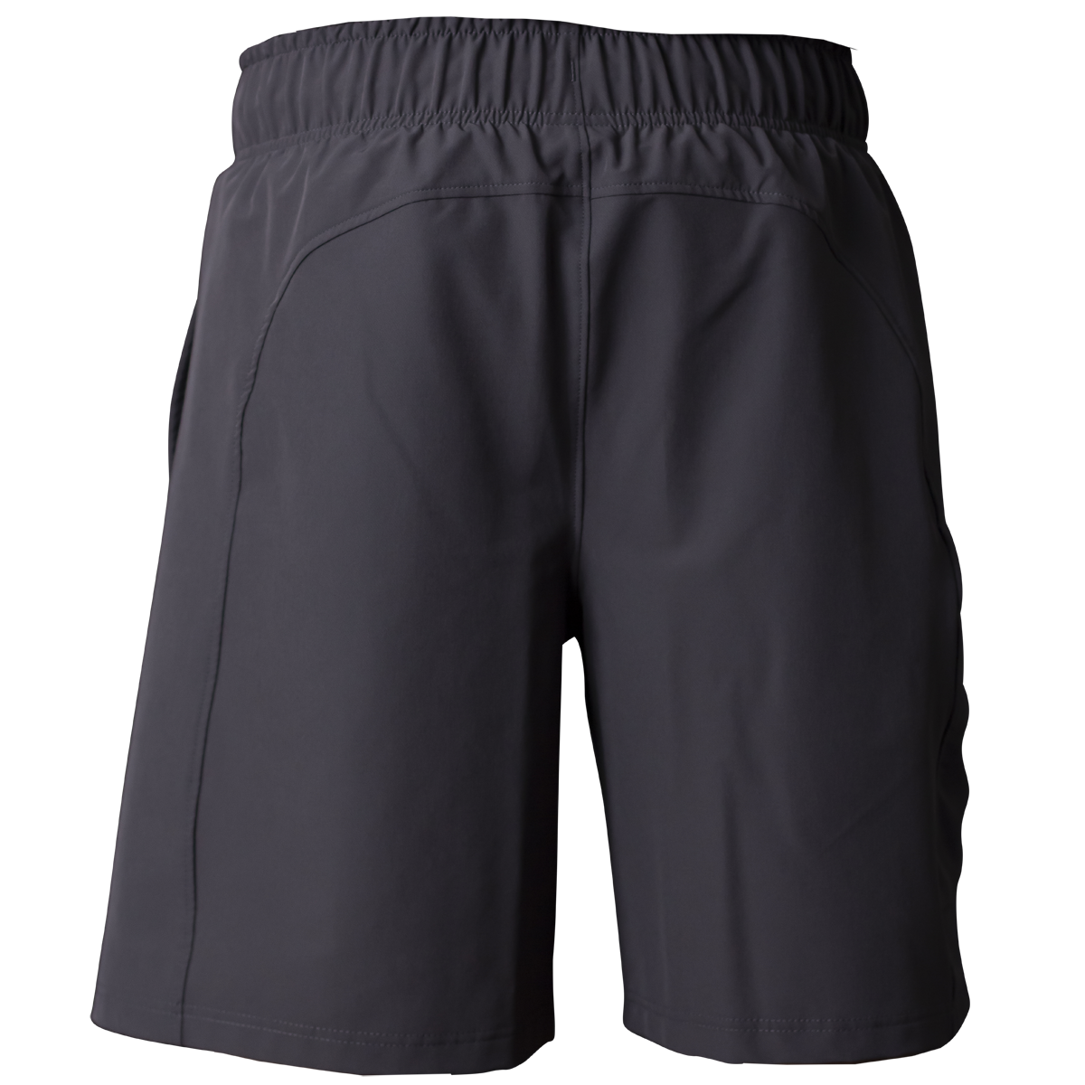 The Miken Men's Slowpitch Shorts (MSPSM20) by Miken are black poly-spandex athletic shorts with an elastic waistband, side pockets, and a plain back design, shown against a white background.