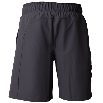 The Miken Men's Slowpitch Shorts (MSPSM20) by Miken are black poly-spandex athletic shorts with an elastic waistband, side pockets, and a plain back design, shown against a white background.