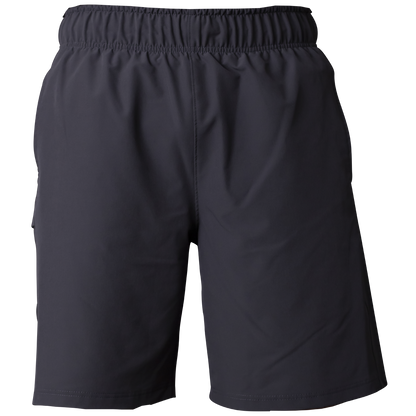 Miken Men's Slowpitch Shorts (MSPSM20) by Miken are plain black poly-spandex athletic shorts with an elastic waistband, shown against a white background.