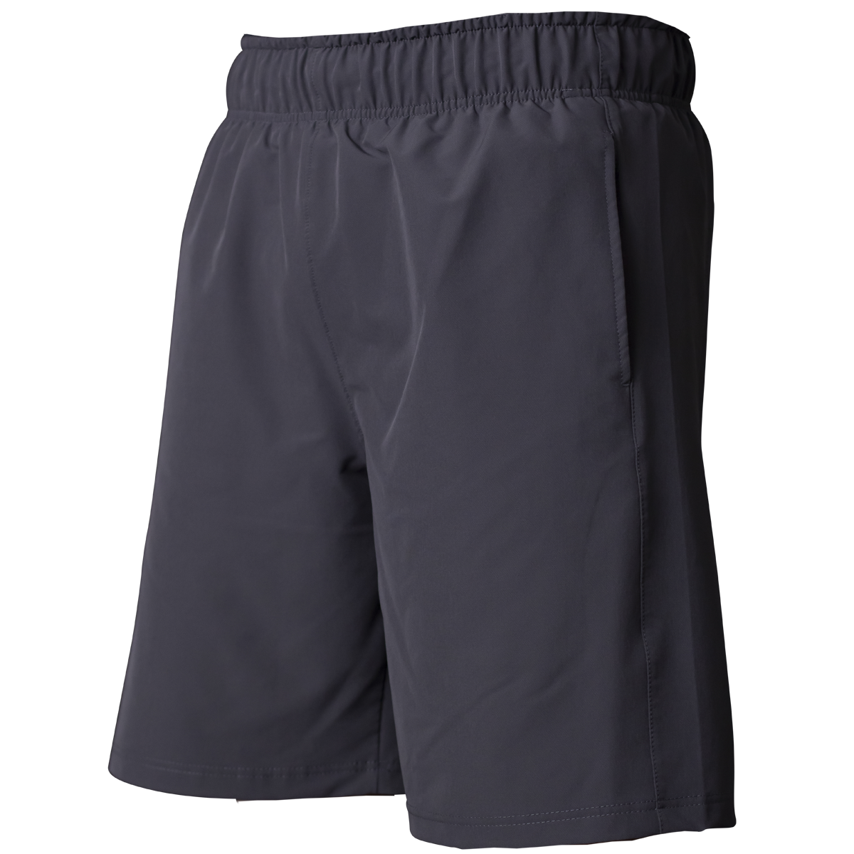 The Miken Men's Slowpitch Shorts: MSPSM20 feature a breathable poly-spandex blend, elastic waistband, and side pockets. These dark gray shorts by Miken are displayed against a plain white background.