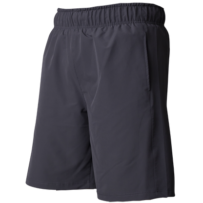 The Miken Men's Slowpitch Shorts: MSPSM20 feature a breathable poly-spandex blend, elastic waistband, and side pockets. These dark gray shorts by Miken are displayed against a plain white background.