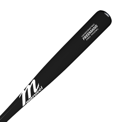 A Marucci FREEMAN5 Freddie Freeman Pro Model Maple Wood Bat (MVE2FREEMAN5-BK) in black, featuring "marucci" in white cursive near the base and "HANDCRAFTED FREEMAN5 PRO MODEL" on the barrel.