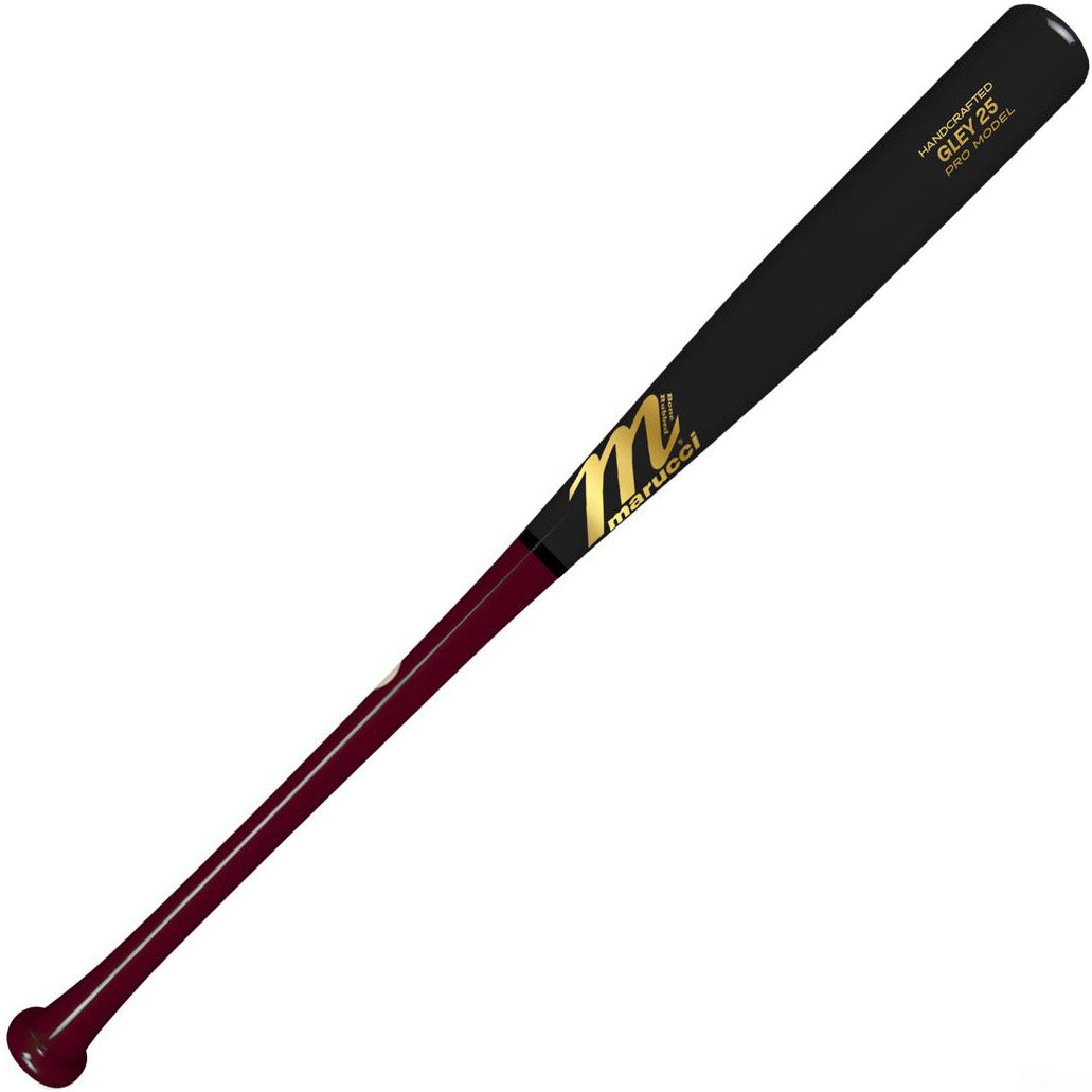 A Marucci GLEY25 Gleyber Torres Pro Model Maple Wood Bat (MVE2GLEY25-CH/BK) in maroon and black with a gold logo and text on the barrel, shown against a white background.