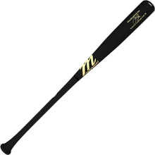 The Marucci LINDY12 Francisco Lindor Pro Model Maple Wood Bat (MVE3LINDY12) features a black finish, gold accents, a flared knob, and glossy maple wood design, inspired by Francisco Lindor.