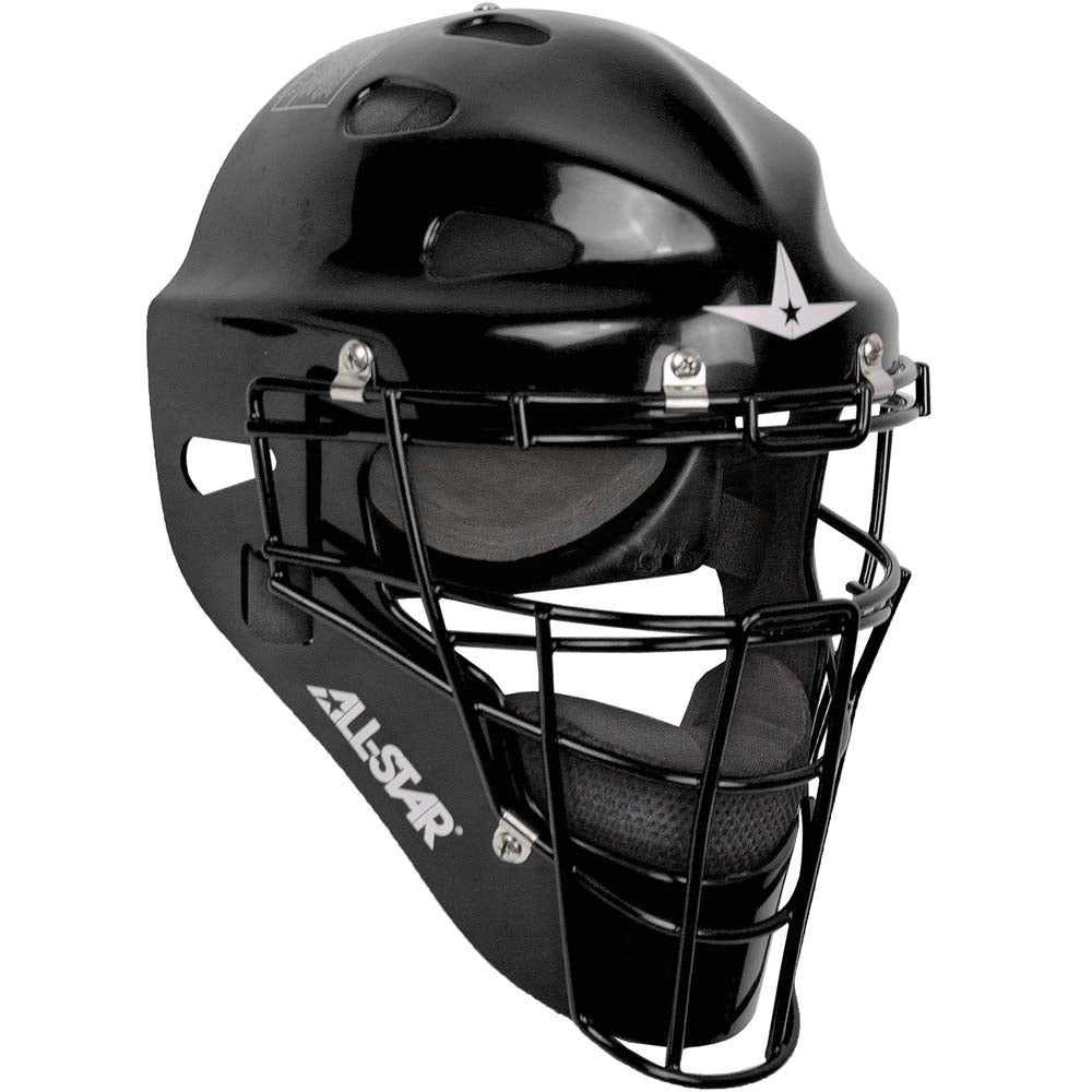 The All Star Player's Series Hockey Style Catcher's Helmet (MVP2300 / MVP2310) features a black high-impact ABS shell, metal face guard, padded interior, and side “ALL-STAR” logo for baseball or softball protection.
