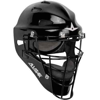The All Star Player's Series Hockey Style Catcher's Helmet (MVP2300 / MVP2310) features a black high-impact ABS shell, metal face guard, padded interior, and side “ALL-STAR” logo for baseball or softball protection.