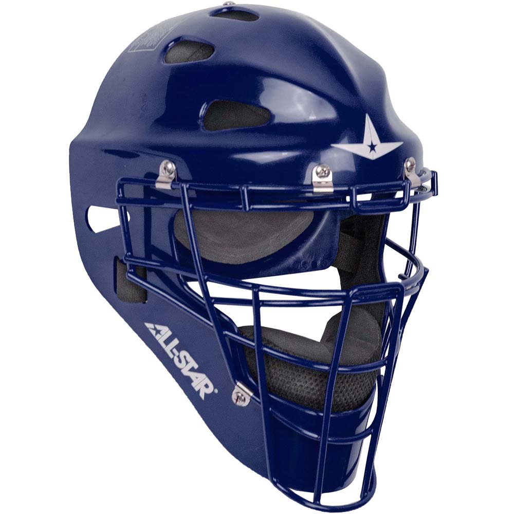 The All Star Player's Series Hockey Style Catcher's Helmet (MVP2300/MVP2310) features a navy blue high impact ABS shell, metal face guard, ventilation holes, ALL-STAR logo, and padded interior for youth and adult players.