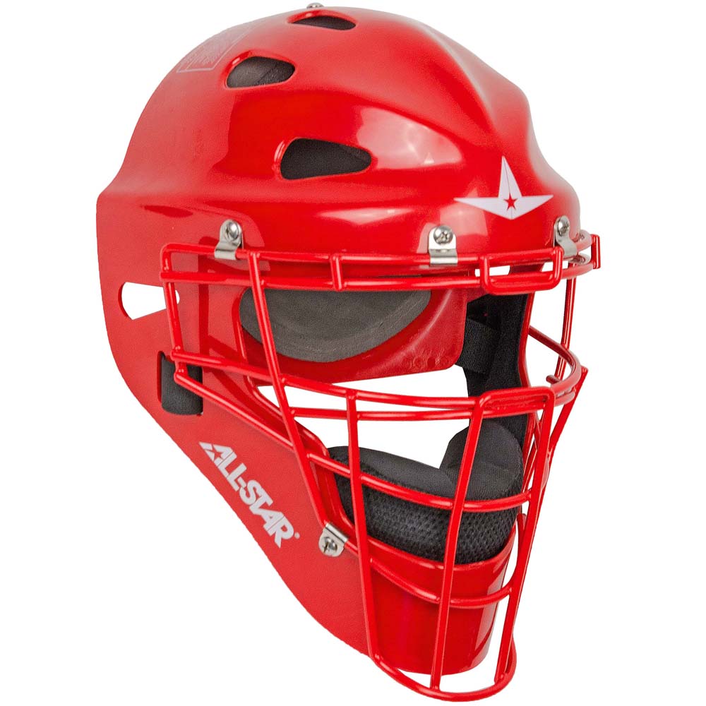 The All Star Player's Series Hockey Style Catcher's Helmet (MVP2300/MVP2310) features a red high-impact ABS shell, metal face guard, ventilation holes, protective padding, white star logo, and ALL-STAR branding—ideal for adult or youth catchers.
