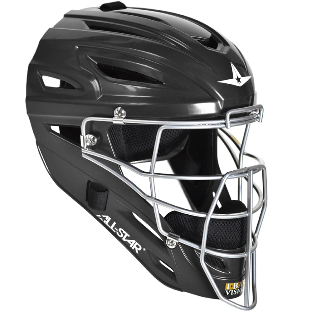 The All Star System7 Hockey Style Catcher's Helmet (MVP2500/MVP2510) is a high impact resistant black and silver helmet with a metal face guard, ventilation slits, inner padding, white star logo, and ALL-STAR branding on the side.