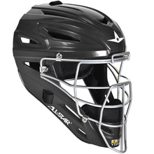 The All Star System7 Hockey Style Catcher's Helmet (MVP2500/MVP2510) is a high impact resistant black and silver helmet with a metal face guard, ventilation slits, inner padding, white star logo, and ALL-STAR branding on the side.