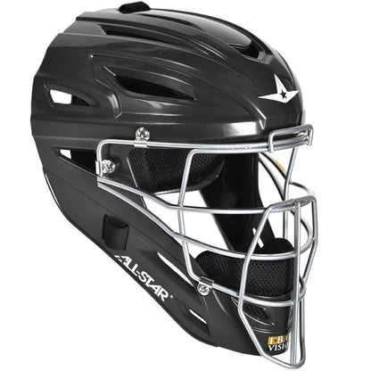 The All Star System7 Hockey Style Catcher's Helmet (MVP2500/MVP2510) is a high impact resistant black and silver helmet with a metal face guard, ventilation slits, inner padding, white star logo, and ALL-STAR branding on the side.