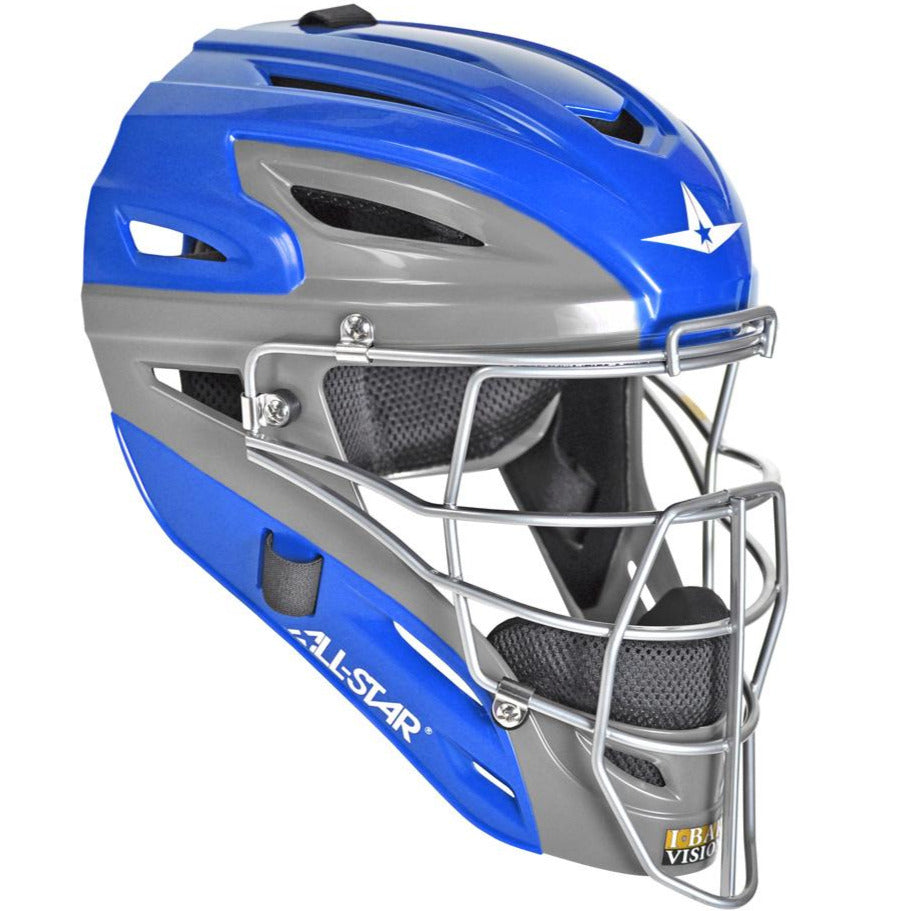 The All Star System7 Axis MVP2500/MVP2510 Youth Catcher's Helmet is blue and gray, features a metal face guard, ventilation holes, side ALL-STAR logo, white star emblem on the front, and a design based on the System Seven MVP2500.
