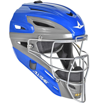 The All Star System7 Axis MVP2500/MVP2510 Youth Catcher's Helmet is blue and gray, features a metal face guard, ventilation holes, side ALL-STAR logo, white star emblem on the front, and a design based on the System Seven MVP2500.