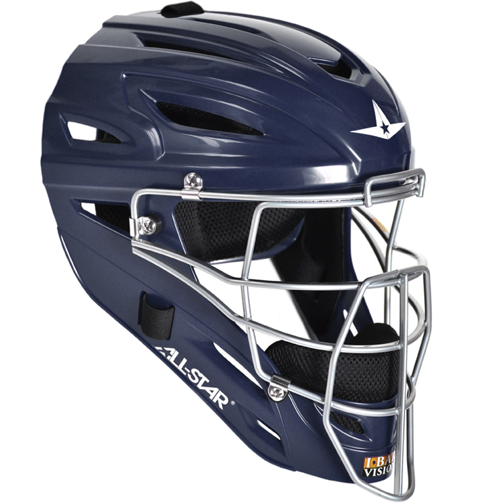The All Star System7 MVP2500 hockey-style catcher's helmet features a high-impact shell, metal face guard, ventilation slits, and padded interior—ideal for baseball or softball catchers.