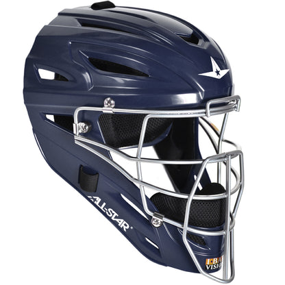 The All Star System7 MVP2500 hockey-style catcher's helmet features a high-impact shell, metal face guard, ventilation slits, and padded interior—ideal for baseball or softball catchers.