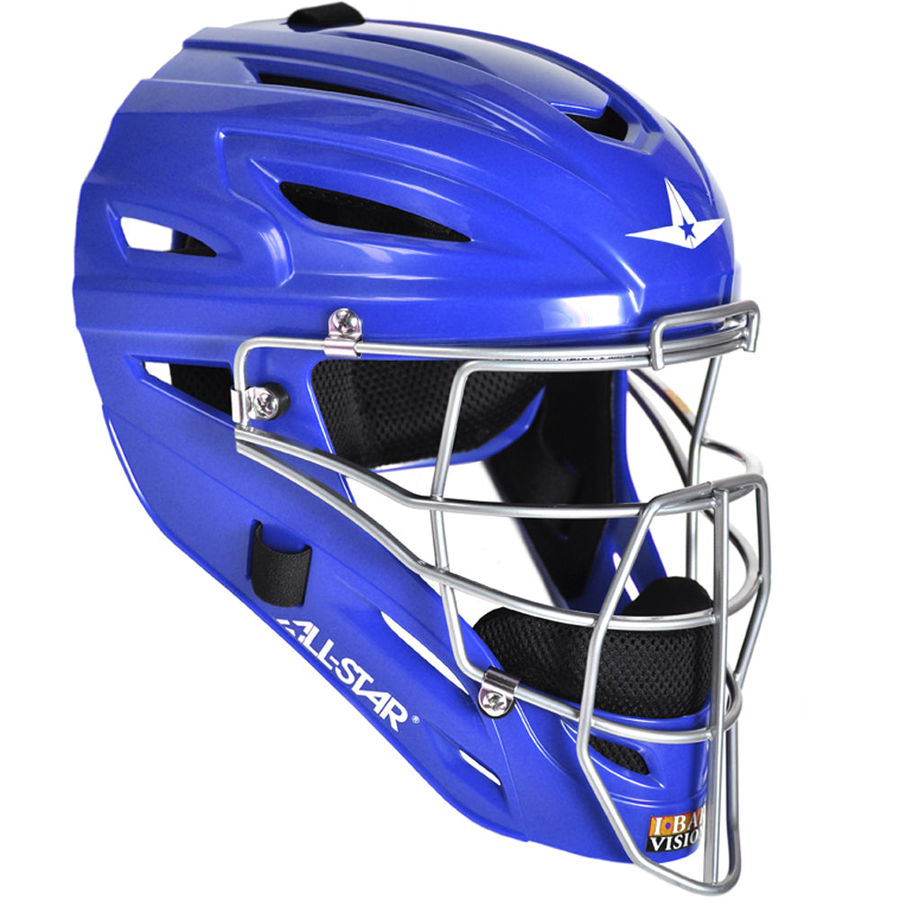 The All Star System7 MVP2500 catcher's helmet is blue with a silver metal face guard, air vents, high-impact resistant materials, and features the All Star brand name plus a white star logo on the front.