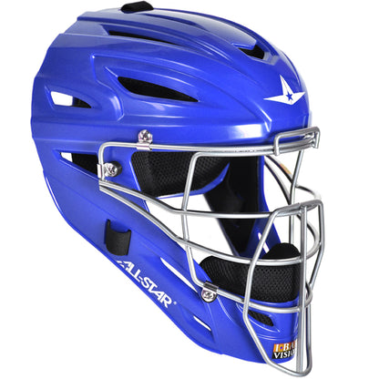 The All Star System7 MVP2500 catcher's helmet is blue with a silver metal face guard, air vents, high-impact resistant materials, and features the All Star brand name plus a white star logo on the front.
