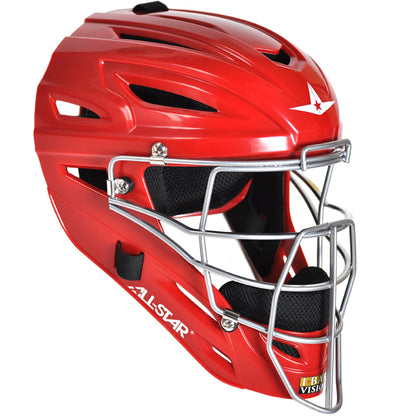 The All Star System7 MVP2500 catcher's helmet features a red, hockey-style design with a high-impact resistant metal face mask.