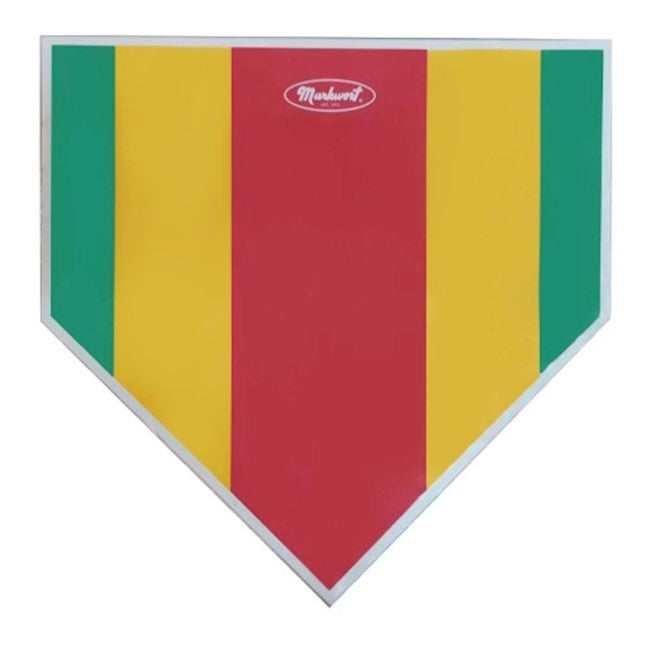 The Markwort Strike Zone Home Plate: MW1729 features three vertical stripes in green, yellow, and red with a white border and the Markwort logo—perfect as a pitching training aid for baseball or softball players.