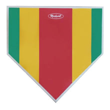 The Markwort Strike Zone Home Plate: MW1729 features three vertical stripes in green, yellow, and red with a white border and the Markwort logo—perfect as a pitching training aid for baseball or softball players.