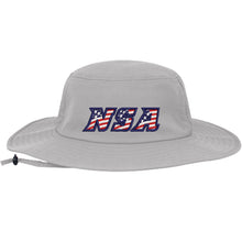 The NSA Flag Series Bucket Hat: 1946B by Pacific Headwear features a light gray wide brim, "NSA" in stars and stripes on the front, and an adjustable chin strap for a secure fit.