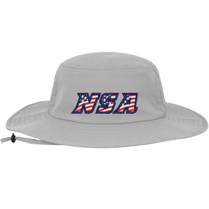 The NSA Flag Series Bucket Hat: 1946B by Pacific Headwear features a light gray wide brim, "NSA" in stars and stripes on the front, and an adjustable chin strap for a secure fit.