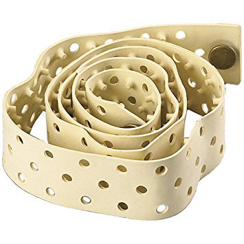 The Markwort Flexible Rubber Belt: FRB by Markwort is a coiled, light beige belt with evenly spaced round holes and a metal snap. It keeps shirts tucked in and fits most with its one size fits all design.