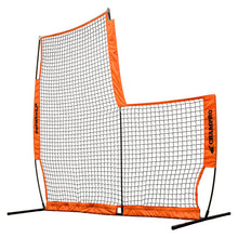 The Champro Sports MVP Portable L Screen: NB42 is a large, freestanding rebound net with an irregular shape, orange trim, black frame, and black netting. "Champro Sports" is printed on the orange sections—ideal for youth baseball or softball practice.