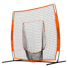 The Champro Sports 7' x 7' MVP Portable Hitting Sock Net (NB44E) features a high-visibility black frame with orange accents, shock-absorbent fiberglass poles, and a built-in central target zone for pitching or hitting drills.