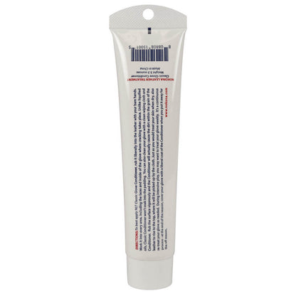 A white tube of Nokona Classic Glove Conditioner: NLT by Nokona is shown from the back, featuring a barcode, red and blue printed instructions, and a white cap on the bottom. The small text on the tube isn’t fully legible.