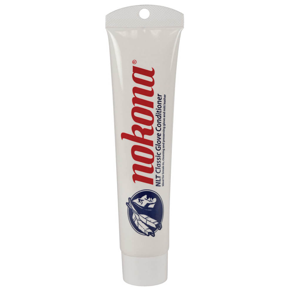 A white tube of Nokona Classic Glove Conditioner: NLT by Nokona, featuring red text and a blue Native American profile logo, with a white cap and a hanging hole at the top, designed for glove preservation.