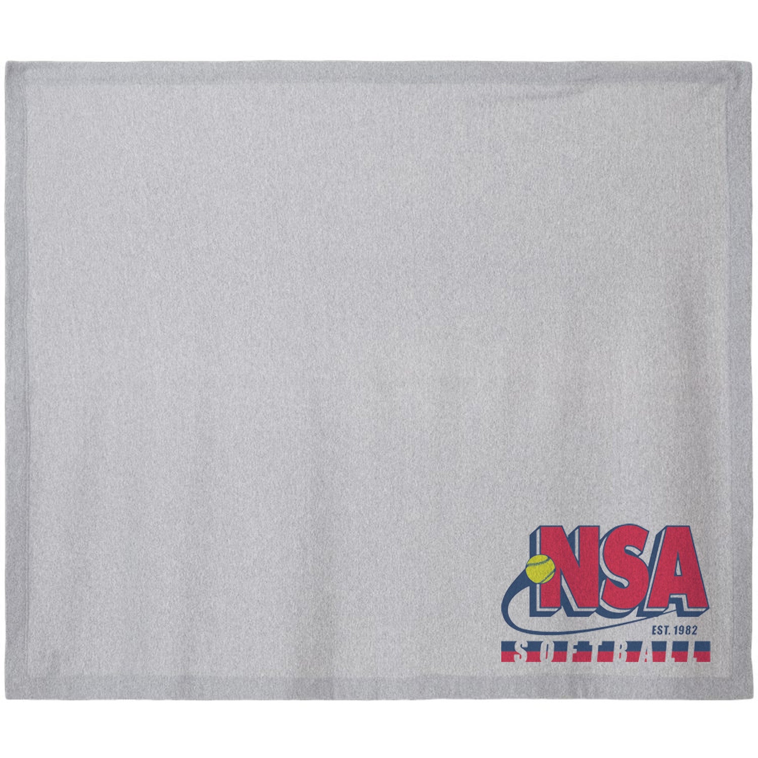 The DSG Apparel National Softball Association EST 1982 Fleece Stadium Blanket features a light gray sublimation design with the NSA logo in red, blue, and yellow—ideal for any National Softball Association fan.
