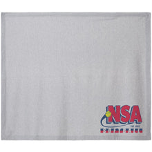 The DSG Apparel National Softball Association EST 1982 Fleece Stadium Blanket features a light gray sublimation design with the NSA logo in red, blue, and yellow—ideal for any National Softball Association fan.