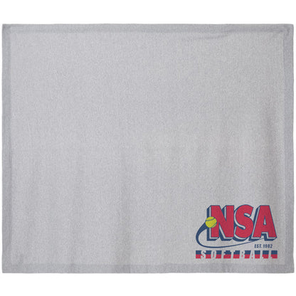 The DSG Apparel National Softball Association EST 1982 Fleece Stadium Blanket features a light gray sublimation design with the NSA logo in red, blue, and yellow—ideal for any National Softball Association fan.