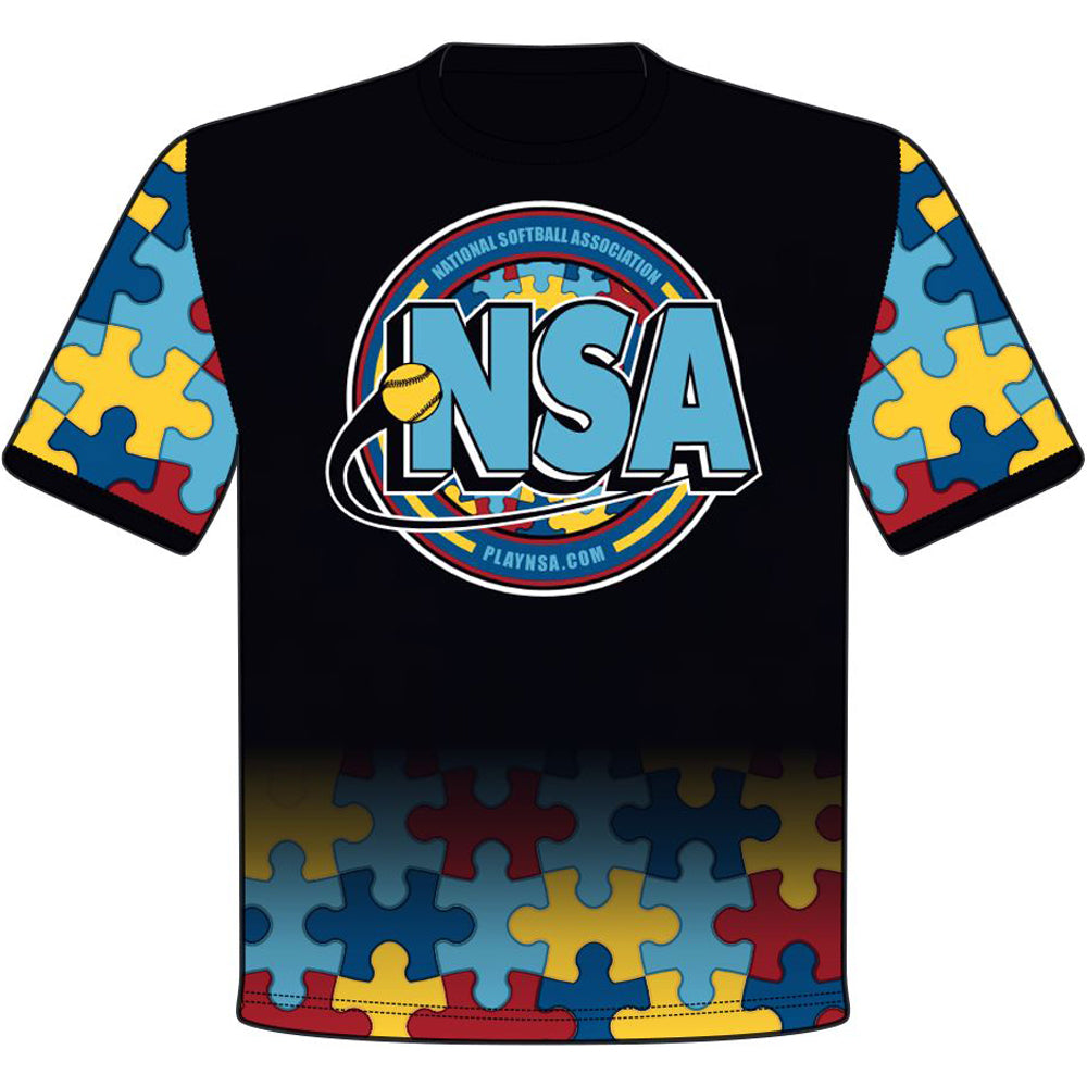 The DSG Apparel National Softball Association NSA Autism Awareness Sublimated Short Sleeve Shirt features a black design with blue, yellow, and red puzzle pieces, a large NSA logo, softball graphic center, and National Softball Association text.