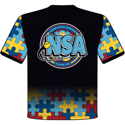 The DSG Apparel National Softball Association NSA Autism Awareness Sublimated Short Sleeve Shirt features a black design with blue, yellow, and red puzzle pieces, a large NSA logo, softball graphic center, and National Softball Association text.