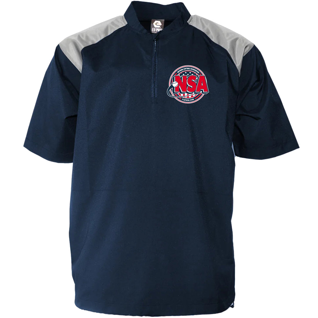 The DSG Apparel National Softball Association (NSA) Cage Jacket R601 is a navy short-sleeve athletic shirt with light gray shoulders, a collar zipper, left-chest NSA baseball logo, and moisture management for comfort during activity.