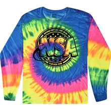 The DSG Apparel National Softball Association NSA Crest Tie Dye Long Sleeve Shirt features 100% cotton with blue, yellow, pink, and green spirals, plus a bold black and white NSA logo and National Softball Association text on the front.