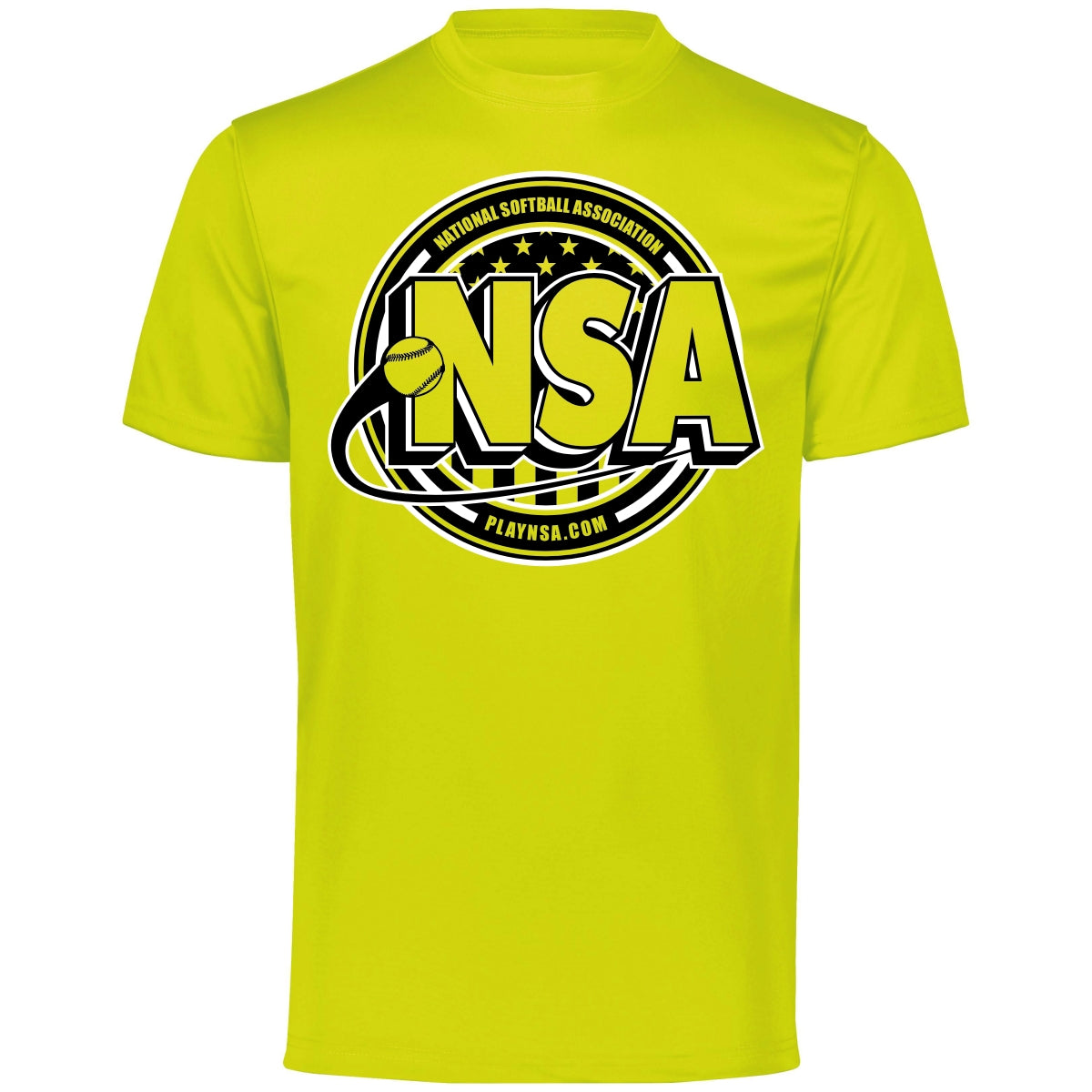 The DSG Apparel National Softball Association NSA Crest Dry Fit Short Sleeve Shirt features a bold NSA logo, softball graphic, and PLAYNSA.COM on the front. Made with moisture-wicking DRI-GEAR fabric for comfort and performance.