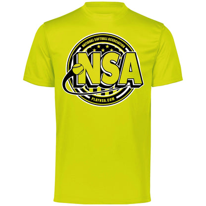 The DSG Apparel National Softball Association NSA Crest Dry Fit Short Sleeve Shirt features a bold NSA logo, softball graphic, and PLAYNSA.COM on the front. Made with moisture-wicking DRI-GEAR fabric for comfort and performance.