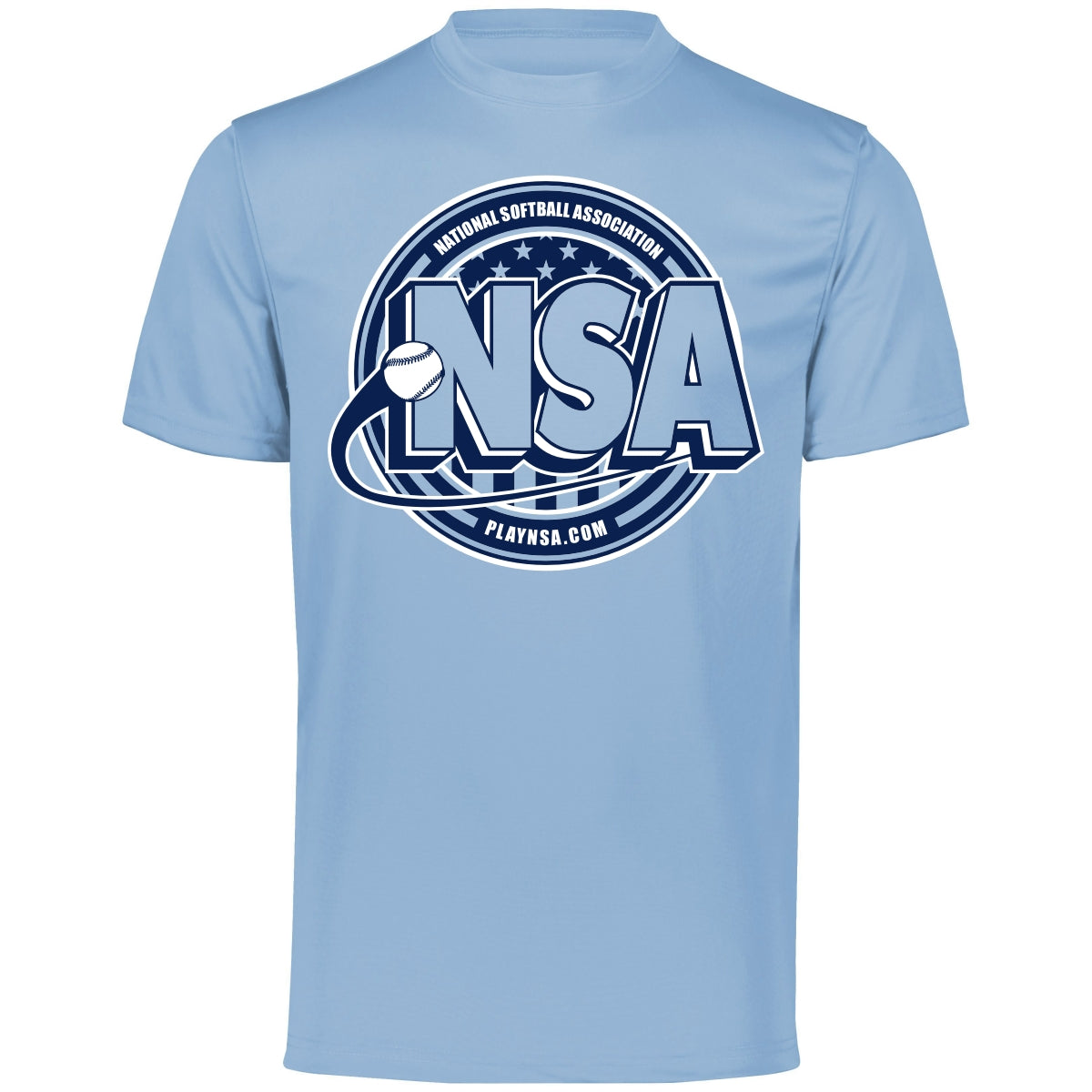 The DSG Apparel National Softball Association NSA Crest Dry Fit Short Sleeve Shirt features DRI-GEAR moisture control, a light blue color, and a bold circular chest design with a white and navy NSA logo, softball graphic, and playnsa.com.