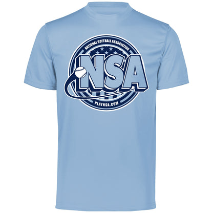 The DSG Apparel National Softball Association NSA Crest Dry Fit Short Sleeve Shirt features DRI-GEAR moisture control, a light blue color, and a bold circular chest design with a white and navy NSA logo, softball graphic, and playnsa.com.